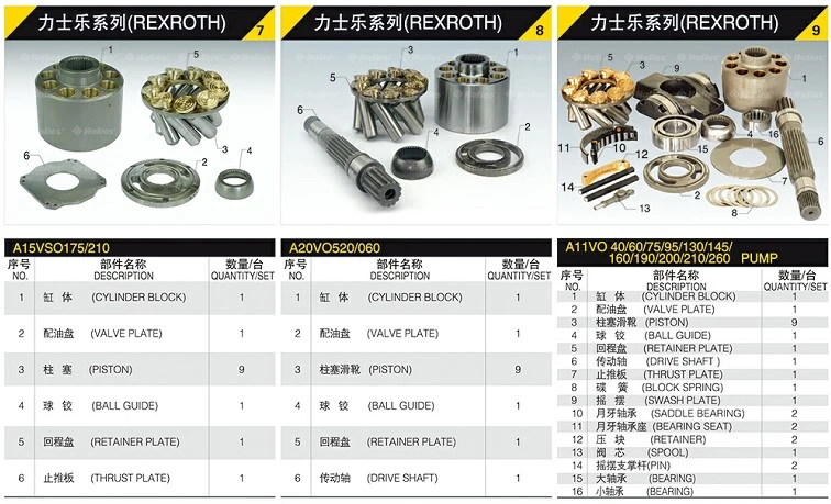 Hydraulic Spare Parts Charge Pump/Repair Seal Kit/Cylinder Block/Piston/Valve Plate/Swash Plate/Drive Shaft/Bearing for Rexroth A2f/A4V/A6V/A7V/A10V/A11V